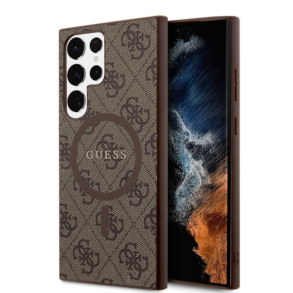 Galaxy S24 Ultra Kılıf Guess Orjinal Lisanslı M-safe Şarj Özellikli PU Halkalı 4G Desenli Yazı Logolu Kapak