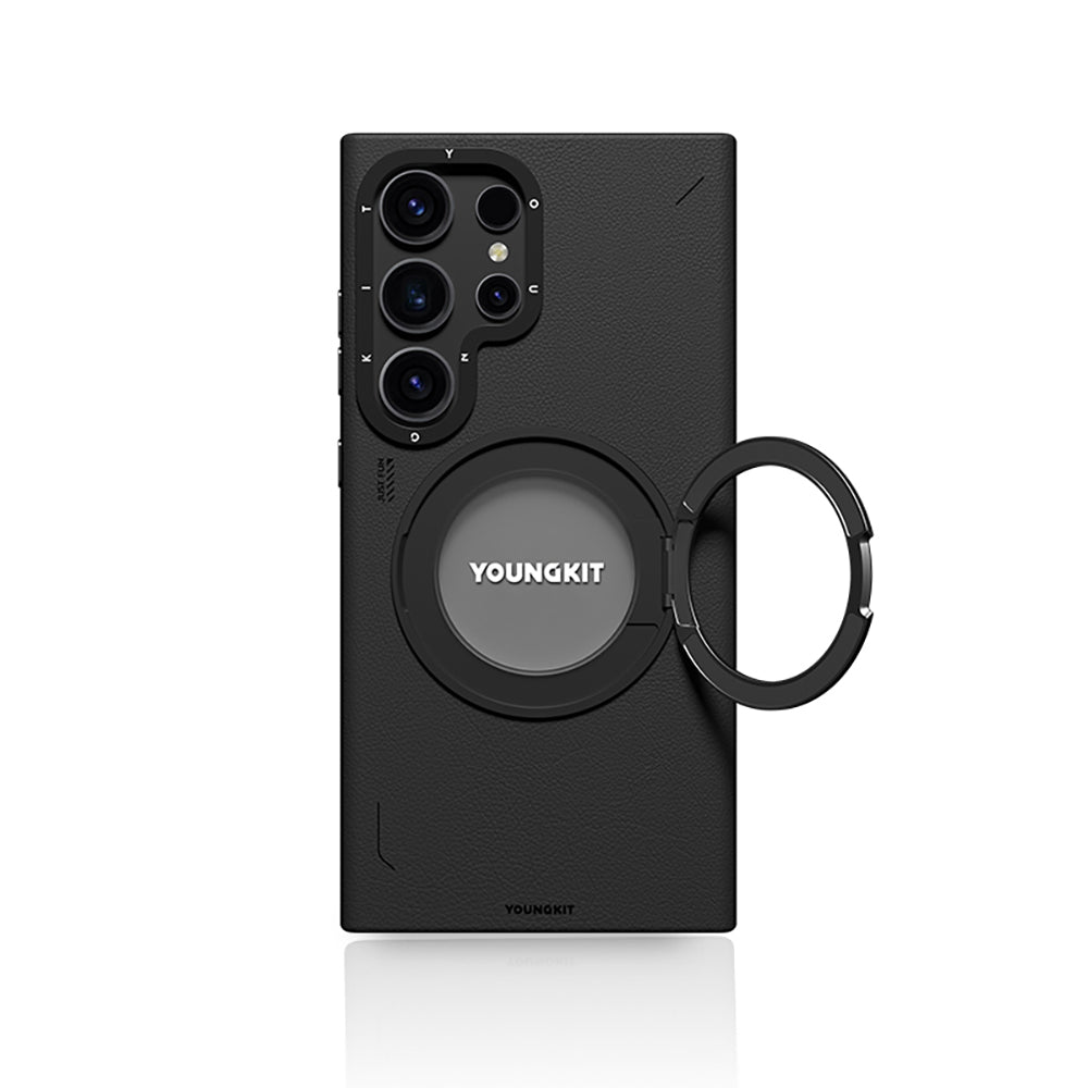 Galaxy S24 Ultra Kılıf M-safe Şarj Özellikli 360° Standlı Basit Mat Deri Desenli Youngkit Tech Leather Serisi Kapak