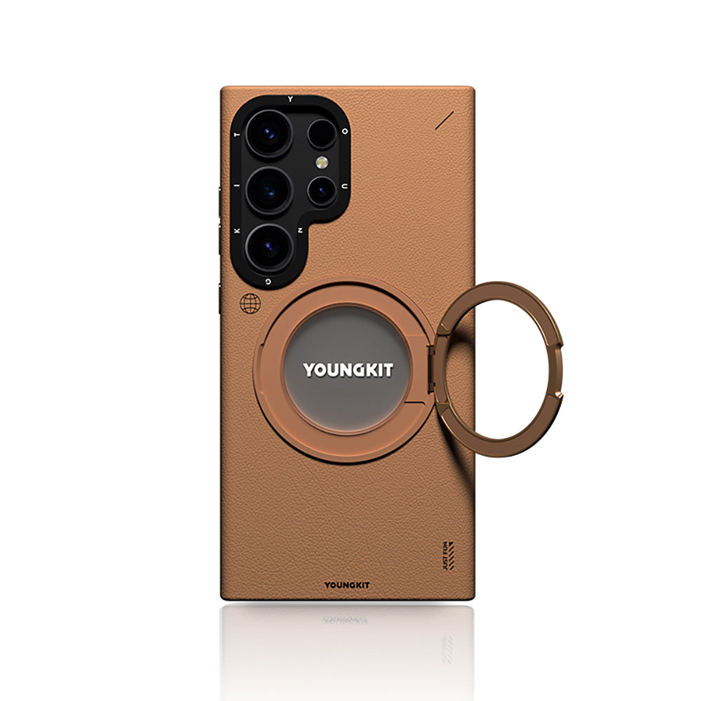 Galaxy S24 Ultra Kılıf M-safe Şarj Özellikli 360° Standlı Basit Mat Deri Desenli Youngkit Tech Leather Serisi Kapak