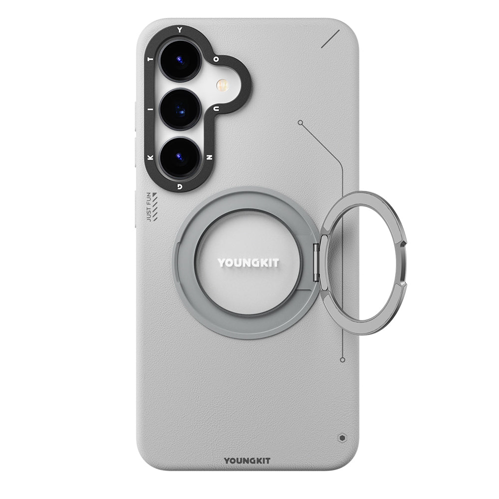 Galaxy S25 Kılıf M-safe Şarj Özellikli 360° Standlı Basit Mat Deri Desenli Youngkit Tech Leather Serisi Kapak