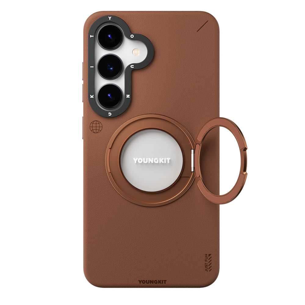 Galaxy S25 Kılıf M-safe Şarj Özellikli 360° Standlı Basit Mat Deri Desenli Youngkit Tech Leather Serisi Kapak