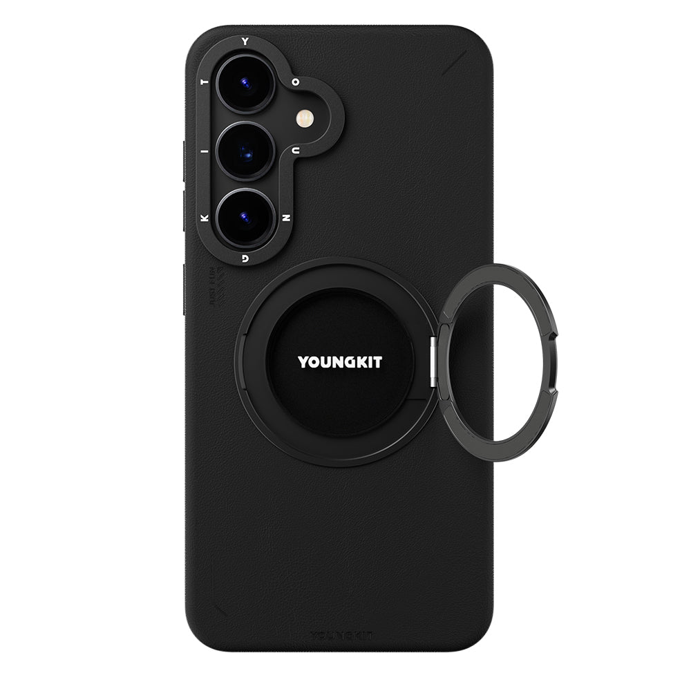 Galaxy S25 Kılıf M-safe Şarj Özellikli 360° Standlı Basit Mat Deri Desenli Youngkit Tech Leather Serisi Kapak