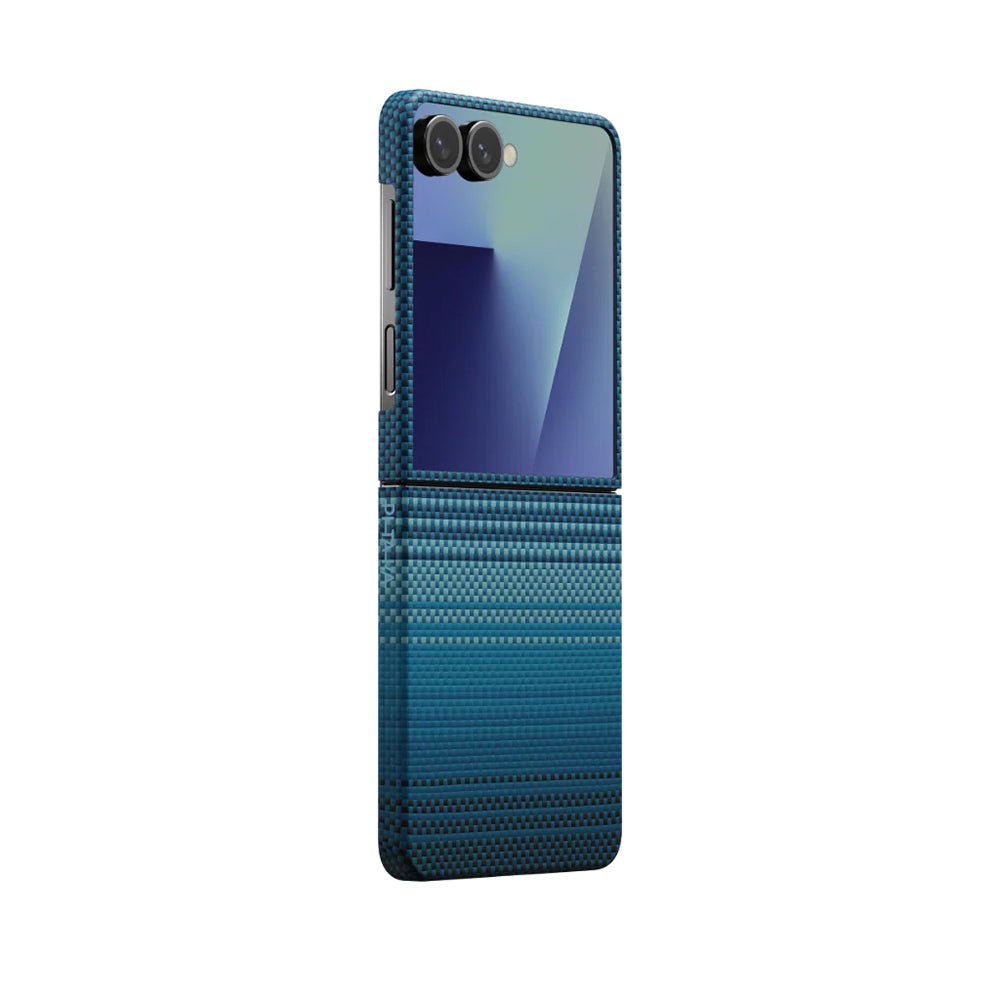 Galaxy Z Flip 7 Kılıf M-safe Şarj Özellikli Aramid Fiber Pitaka Tactile Woven Sunset-Moonrise Serisi Kapak