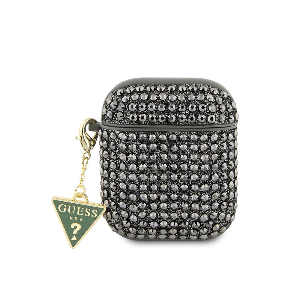 Apple Airpods Kılıf Guess Orjinal Lisanslı Parıltılı Taş Kaplamalı Üçgen Logo Süs Zincirli Kapak