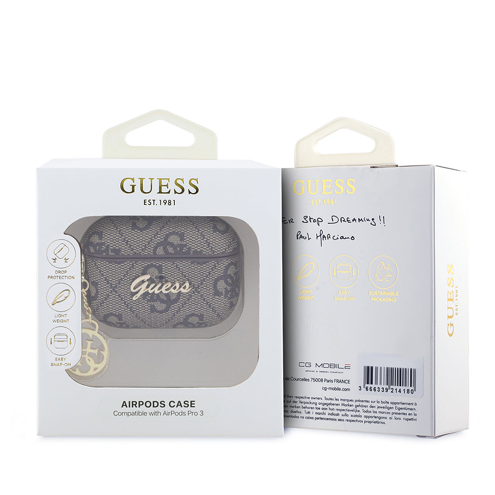 Apple Airpods Pro 3 Kılıf Guess Orjinal Lisanslı 4G Desenli Metal Script Logolu 4G Charm PU Deri Kapak