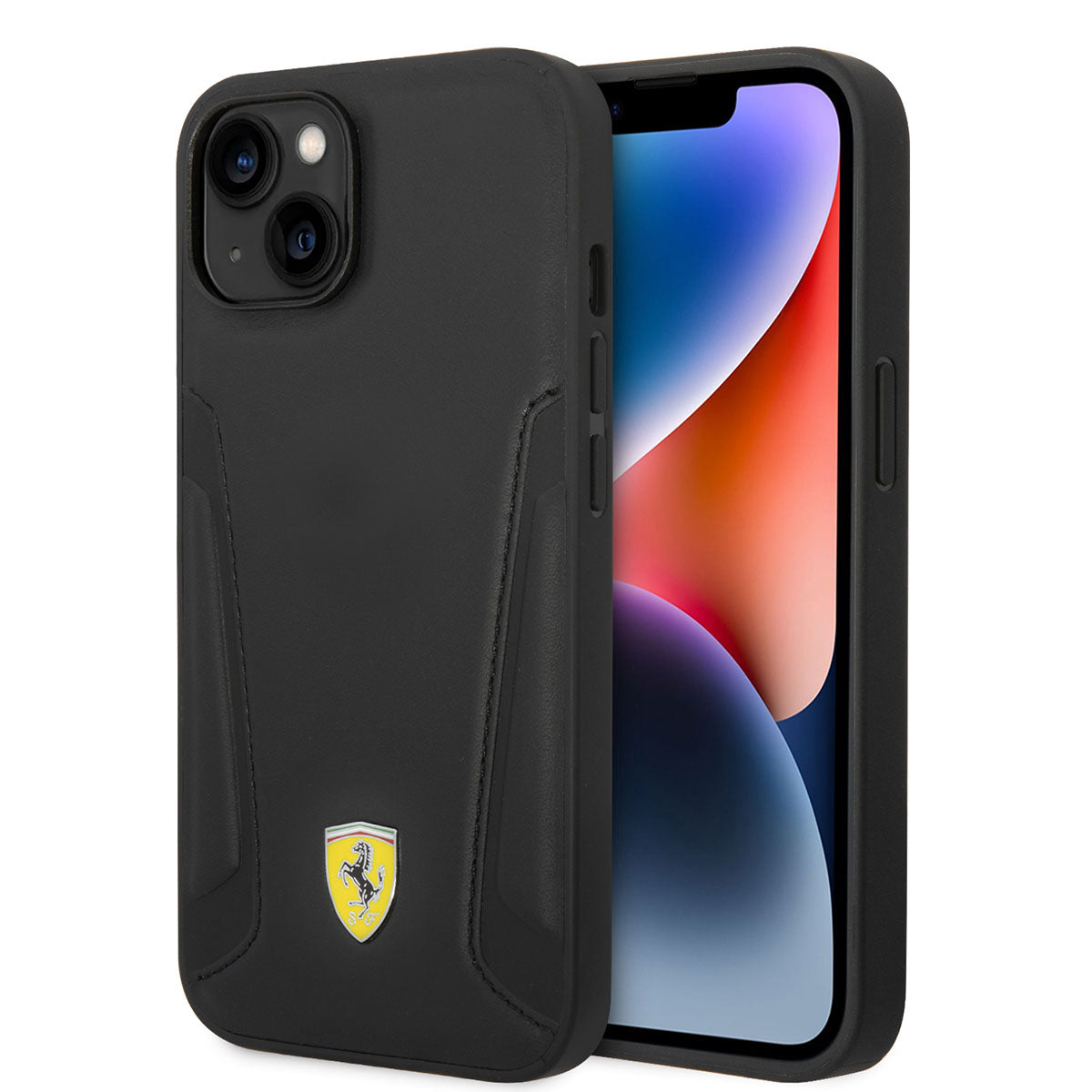 Apple iPhone 14 Kılıf Ferrari M-safe Şarj Özellikli Deri Kenarları Damgalı Dizayn Kapak