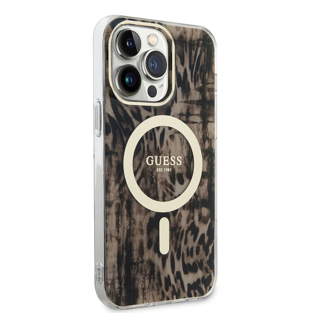 Apple iPhone 14 Pro Kılıf GUESS M-safe Şarj Özellikli Leopar Desenli Kapak