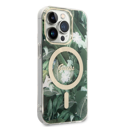 Apple iPhone 14 Pro Kılıf GUESS M-safe Şarj Özellikli Yaprak Desenli M-safe Şarj Kablolu Kapak
