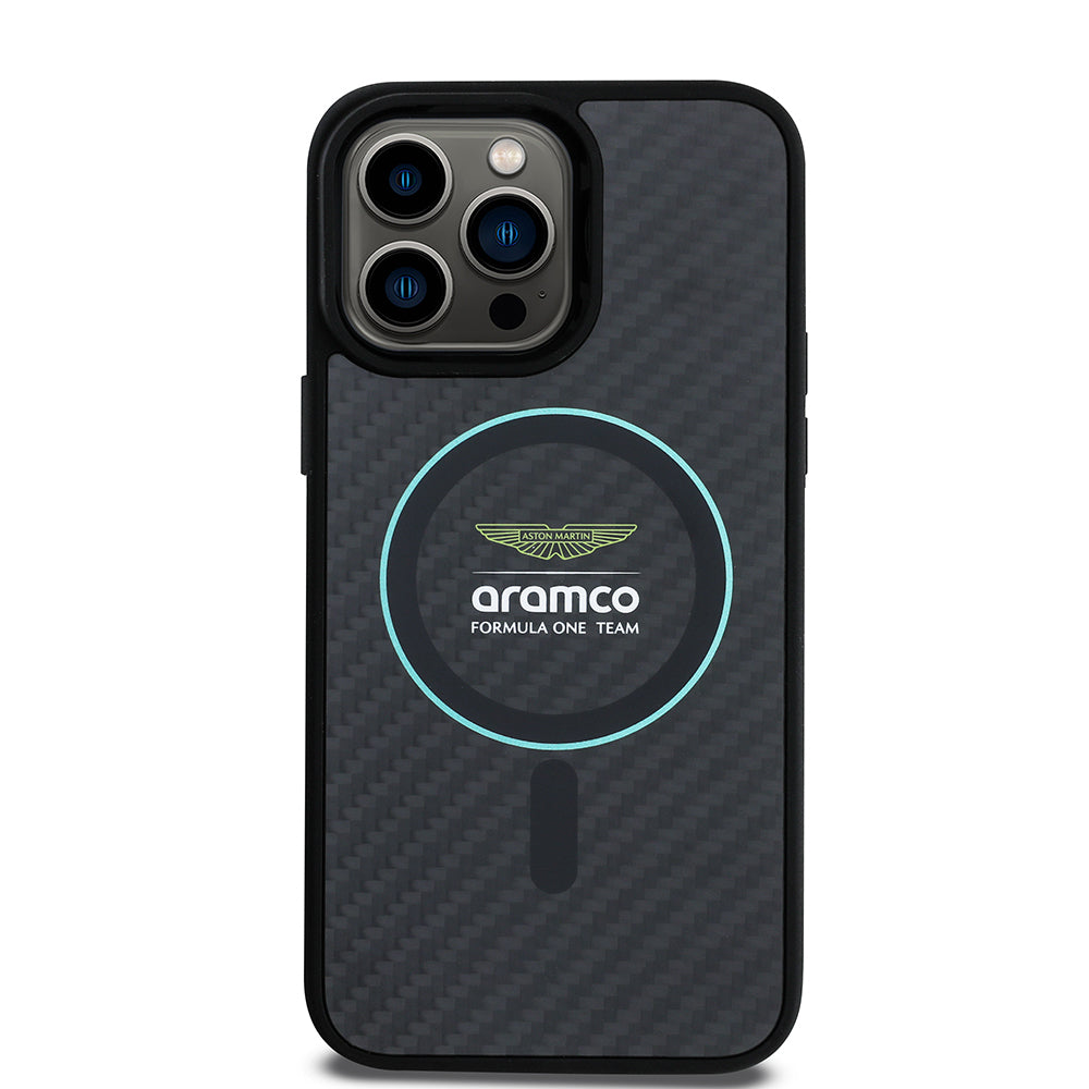 Apple iPhone 14 Pro Max Kılıf Aston Martin Orjinal Lisanslı M-safe Şarj Özellikli Renkli Halka ve Karbon Fiber Tasarımlı Kapak