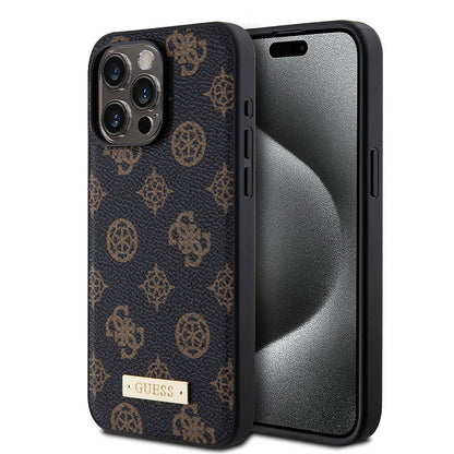 Apple iPhone 14 Pro Max Kılıf Guess M-safe Şarj Özellikli PU Deri Desenli Metal Plaka Logolu Kapak