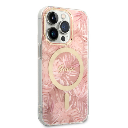 Apple iPhone 14 Pro Max Kılıf GUESS M-safe Şarj Özellikli Yaprak Desenli M-safe Şarj Kablolu Kapak