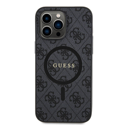 Apple iPhone 14 Pro Max Kılıf Guess Orjinal Lisanslı M-safe Şarj Özellikli PU Halkalı 4G Desenli Yazı Logolu Kapak