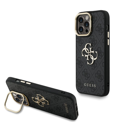 Apple iPhone 14 Pro Max Kılıf Guess Orjinal Lisanslı PU Deri 4G Desenli Metal Büyük 4G ve Yazı Logolu Kamera Standlı Kapak
