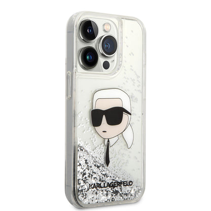 Apple iPhone 14 Pro Max Kılıf Karl Lagerfeld Sıvılı Simli Karl Head Dizayn Kapak