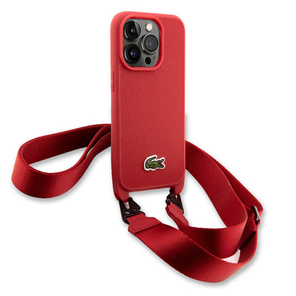 Apple iPhone 14 Pro Max Kılıf Lacoste Orjinal Lisanslı PU Pike Desenli Arka Yüzey Askılı İkonik Timsah Dokuma Logolu Kapak