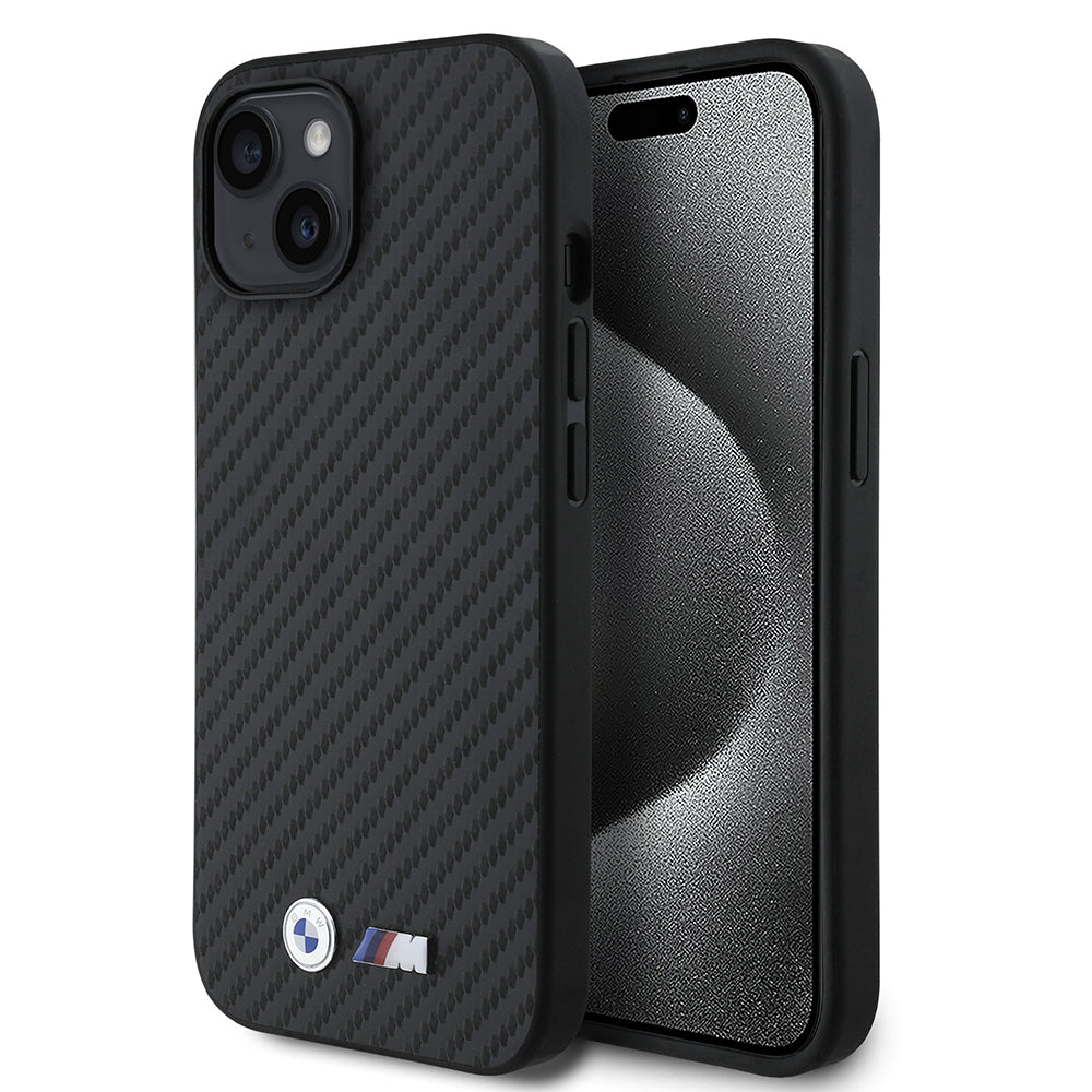Apple iPhone 15 Kılıf BMW Orjinal Lisanslı Karbon Fiber Tasarımlı ve Metal Logolu PU Deri Kapak