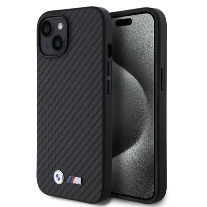 Apple iPhone 15 Kılıf BMW Orjinal Lisanslı Karbon Fiber Tasarımlı ve Metal Logolu PU Deri Kapak