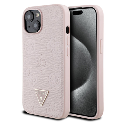 Apple iPhone 15 Kılıf Guess Orjinal Lisanslı M-safe Şarj Özellikli Sıcak Baskılı Üçgen Logolu PU Deri Peony Kapak
