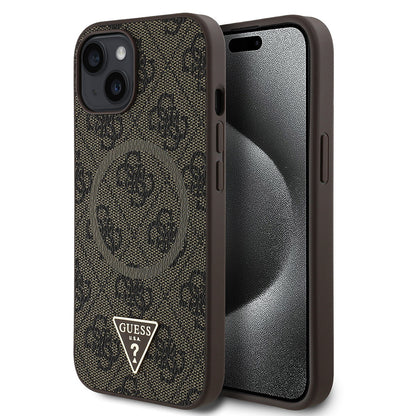 Apple iPhone 15 Kılıf Guess Orjinal Lisanslı M-safe Şarj Özellikli PU Üçgen Logo 4G Desenli Kapak