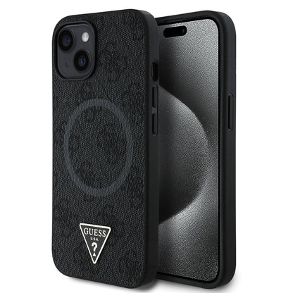 Apple iPhone 15 Kılıf Guess Orjinal Lisanslı M-safe Şarj Özellikli PU Üçgen Logo 4G Desenli Kapak