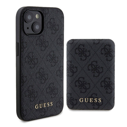 Apple iPhone 15 Kılıf Guess Orjinal Lisanslı M-safe Şarj Özellikli Yazı Logolu 4G Desenli Kapak + Powerbank 5000mAh 2in1 Set
