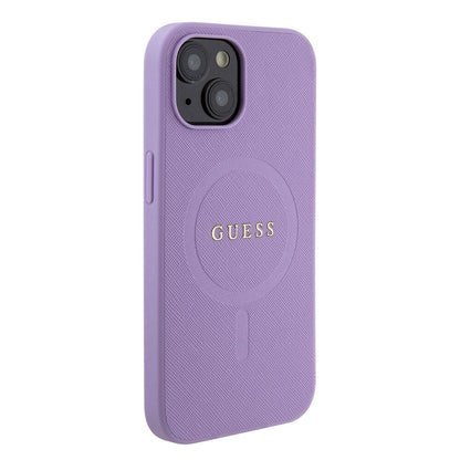 Apple iPhone 15 Kılıf Guess Orjinal Lisanslı M-safe Şarj Özellikli Yazı Logolu Saffiano Kapak