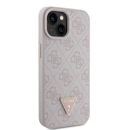 Apple iPhone 15 Kılıf Guess Orjinal Lisanslı PU Deri Taşlı Üçgen Logo 4G Desenli Strass Kapak