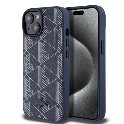 Apple iPhone 15 Kılıf Lacoste Orjinal Lisanslı M-safe Şarj Özellikli PU Deri Görünümlü Karışık Monogram Desenli Kapak