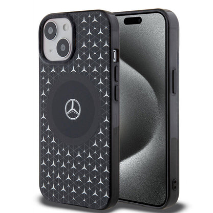 Apple iPhone 15 Kılıf Mercedes Benz Orjinal Lisanslı M-safe Şarj Özellikli Çift Katmanlı Mini Yıldız Desenli Kapak