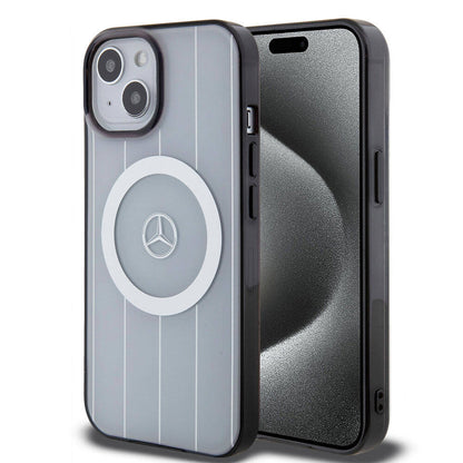 Apple iPhone 15 Kılıf Mercedes Benz Orjinal Lisanslı M-safe Şarj Özellikli Çift Katmanlı Paralel Çizgi Desenli Kapak