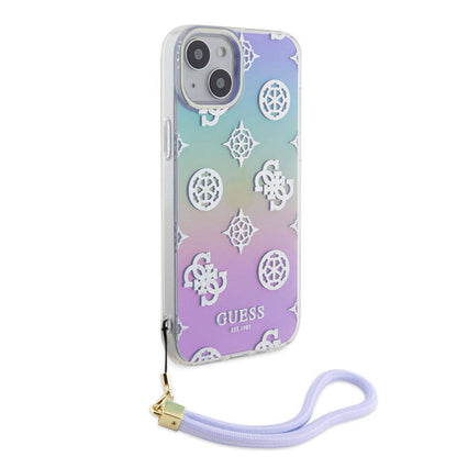 Apple iPhone 15 Plus Kılıf Guess Orjinal Lisanslı Desenli Yazı Logolu Askı İpli Holografik Glitter Peony Kapak