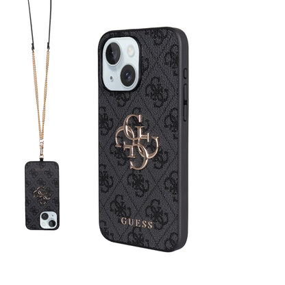 Apple iPhone 15 Plus Kılıf Guess Orjinal Lisanslı PU Deri 4G Büyük Metal Logolu Çapraz Vücut Askılı Kapak