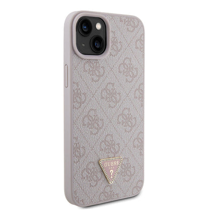 Apple iPhone 15 Plus Kılıf Guess Orjinal Lisanslı PU Deri Taşlı Üçgen Logo 4G Desenli Kapak