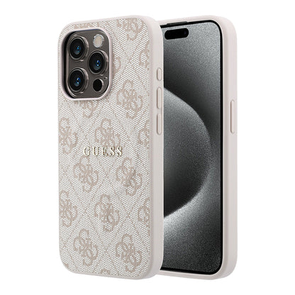 Apple iPhone 15 Pro Kılıf Guess Orjinal Lisanslı M-safe Kabartmalı 4G Desenli Yazı Logolu Kapak