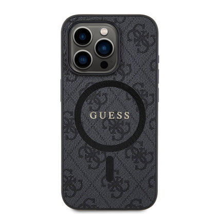 Apple iPhone 15 Pro Kılıf Guess Orjinal Lisanslı M-safe Şarj Özellikli PU Halkalı 4G Desenli Yazı Logolu Kapak
