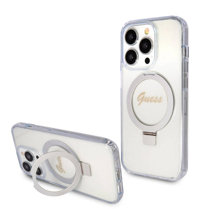 Apple iPhone 15 Pro Kılıf Guess Orjinal Lisanslı M-safe Şarj Özellikli Simli Arka Yüzey Ring Standlı Kapak
