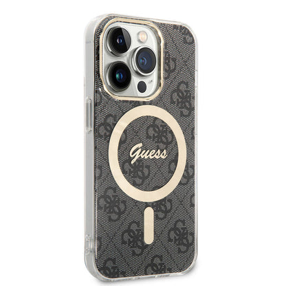 Apple iPhone 15 Pro Kılıf Guess Orjinal Lisanslı M-safe Şarj Özellikli Yazı Logolu 4G Desenli Kapak