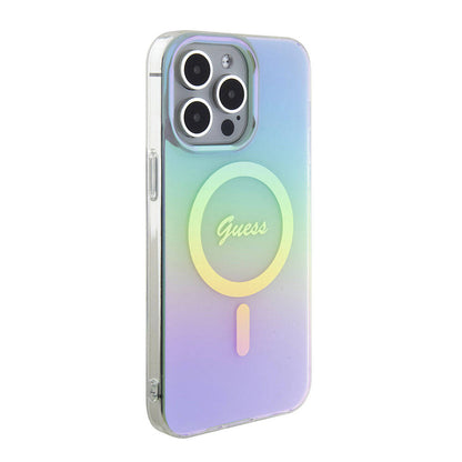 Apple iPhone 15 Pro Kılıf Guess Orjinal Lisanslı M-safe Şarj Özellikli Yazı Logolu Iridescent Kapak