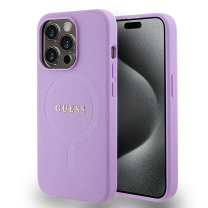 Apple iPhone 15 Pro Kılıf Guess Orjinal Lisanslı M-safe Şarj Özellikli Yazı Logolu Saffiano Kapak