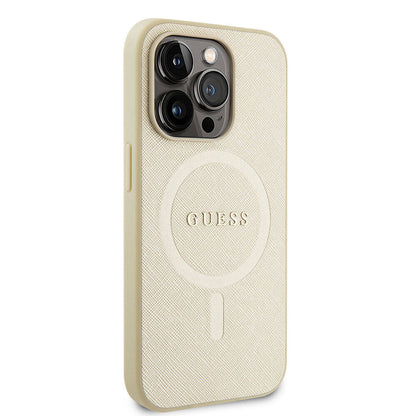 Apple iPhone 15 Pro Kılıf Guess Orjinal Lisanslı M-safe Şarj Özellikli Yazı Logolu Saffiano Kapak