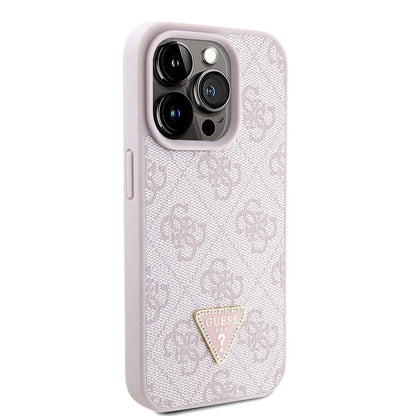 Apple iPhone 15 Pro Kılıf Guess Orjinal Lisanslı PU Deri Askılı Taşlı Üçgen Logo 4G Desenli Strass Crossbody Kapak