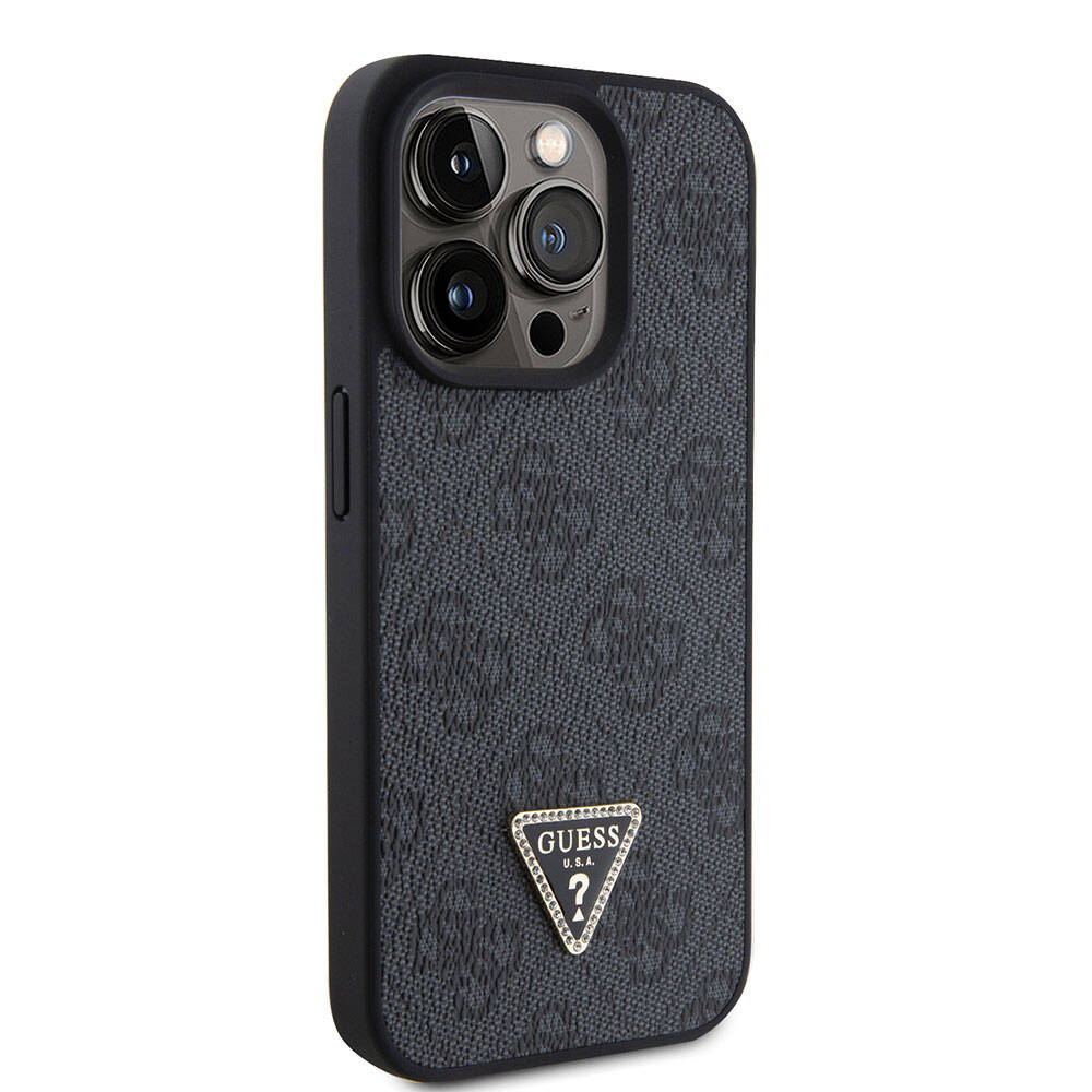 Apple iPhone 15 Pro Kılıf Guess Orjinal Lisanslı PU Deri Askılı Taşlı Üçgen Logo 4G Desenli Strass Crossbody Kapak