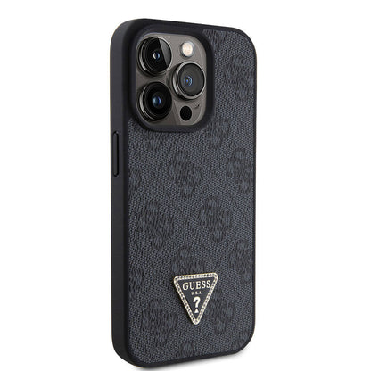 Apple iPhone 15 Pro Kılıf Guess Orjinal Lisanslı PU Deri Askılı Taşlı Üçgen Logo 4G Desenli Strass Crossbody Kapak