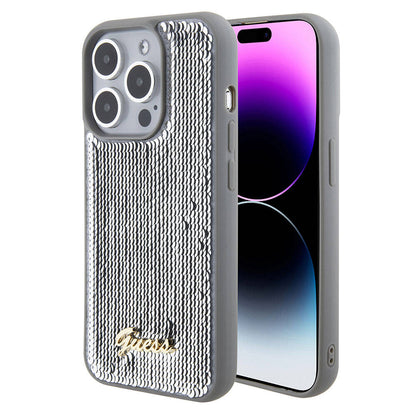 Apple iPhone 15 Pro Kılıf Guess Orjinal Lisanslı Pullu Arka Yüzey Metal Yazı Logolu Sequin Script Kapak