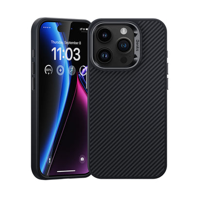 Apple iPhone 15 Pro Kılıf Karbon Fiber M-safe Şarj Özellikli Benks Hybrid ArmorPro 600D Kevlar Kapak