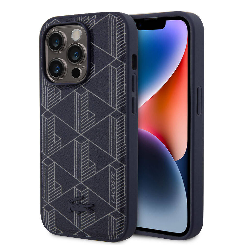 Apple iPhone 15 Pro Kılıf Lacoste Orjinal Lisanslı M-safe Şarj Özellikli PU Deri Görünümlü Karışık Monogram Desenli Kapak