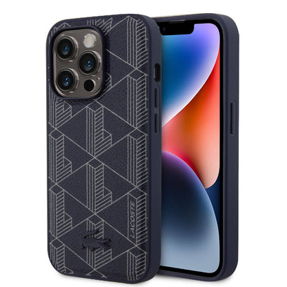 Apple iPhone 15 Pro Kılıf Lacoste Orjinal Lisanslı M-safe Şarj Özellikli PU Deri Görünümlü Karışık Monogram Desenli Kapak