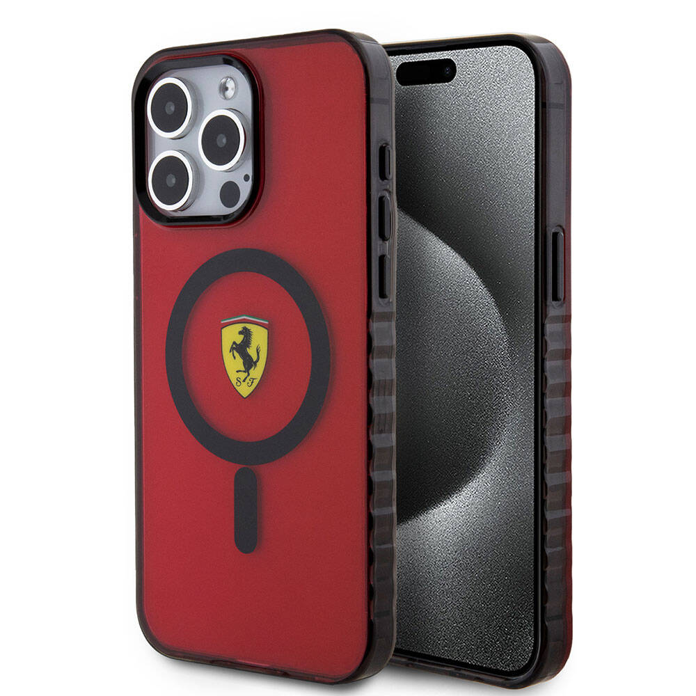 Apple iPhone 15 Pro Max Kılıf Ferrari Orjinal Lisanslı M-safe Şarj Özellikli Tırtıklı Kenar Tasarımlı Ortalanmış Logo Kapak