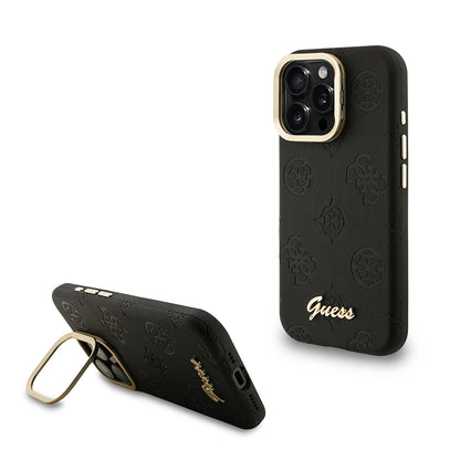Apple iPhone 15 Pro Max Kılıf Guess Orjinal Lisanslı M-safe Şarj Özellikli Sıcak Baskılı Yazı Logolu Kamera Standlı PU Deri Peony Kapak