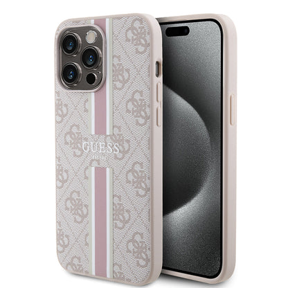 Apple iPhone 15 Pro Max Kılıf Guess Orjinal Lisanslı M-safe Şarj Özellikli 4G Şerit Tasarımlı Printed Kapak
